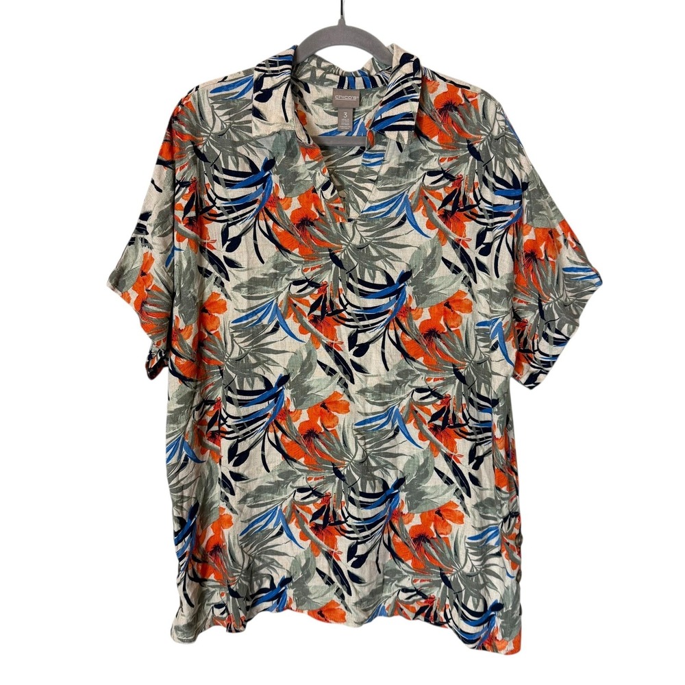 Chico's Blouse Womens 3 Multicolor‎ Tropical Floral Collared Short Sleeve Tunic
